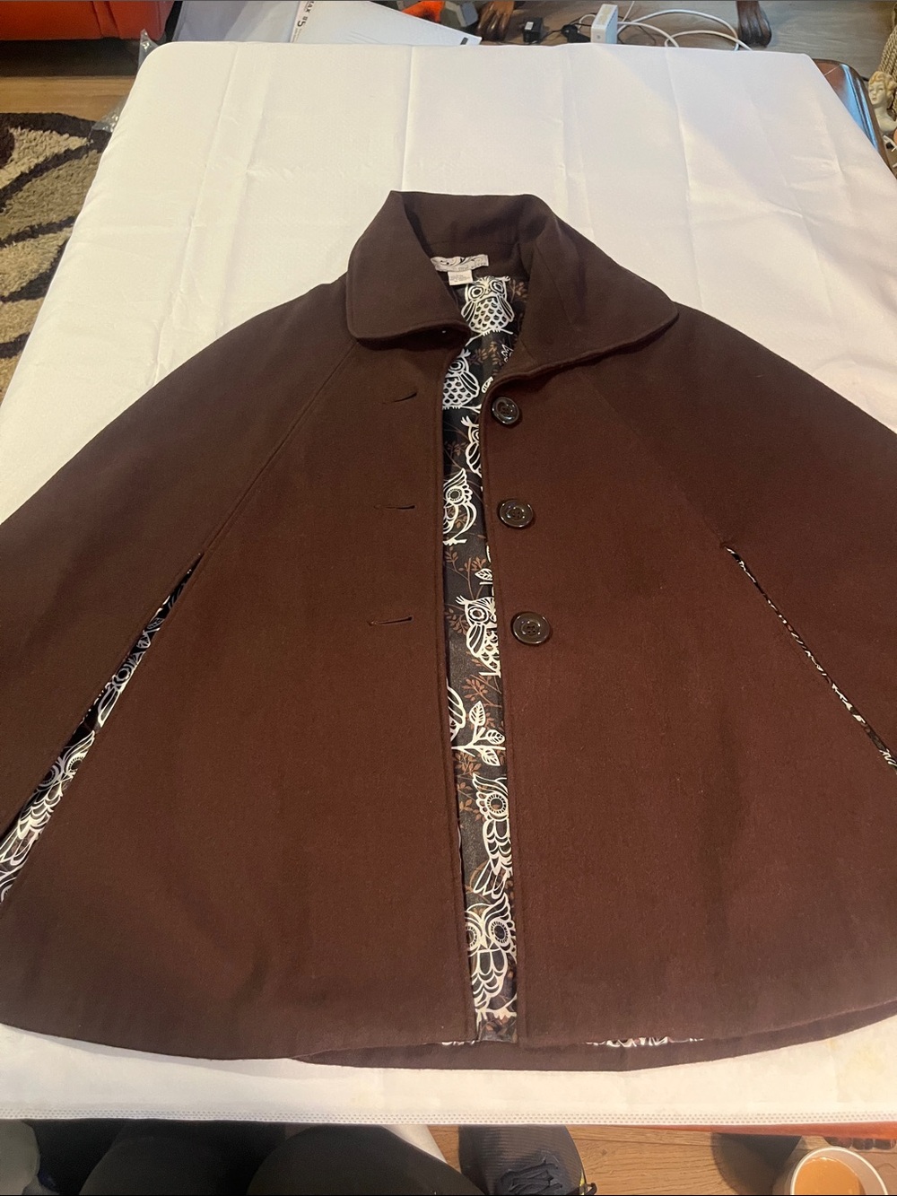 Steve Madden Dark Brown Wool-Blend Cape Coat S/M with Owl Patterned Trim lining